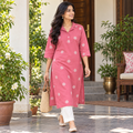 Anvita Pink Cotton Kurta with White Polka Print, Collar Neck & 3/4 Sleeves