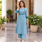 Anvita Light Blue Cotton Kurta Set with Printed Yoke & Palazzo | Women’s Ethnic Wear