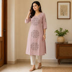 Women’s A-Line Kurti in Crushed Nylon with Scroll Embroidery and Lining