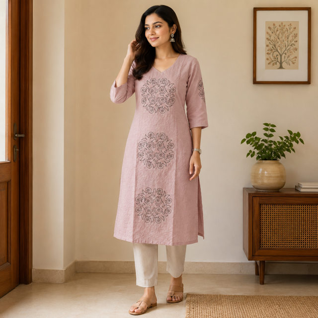 Women’s A-Line Kurti in Crushed Nylon with Scroll Embroidery and Lining