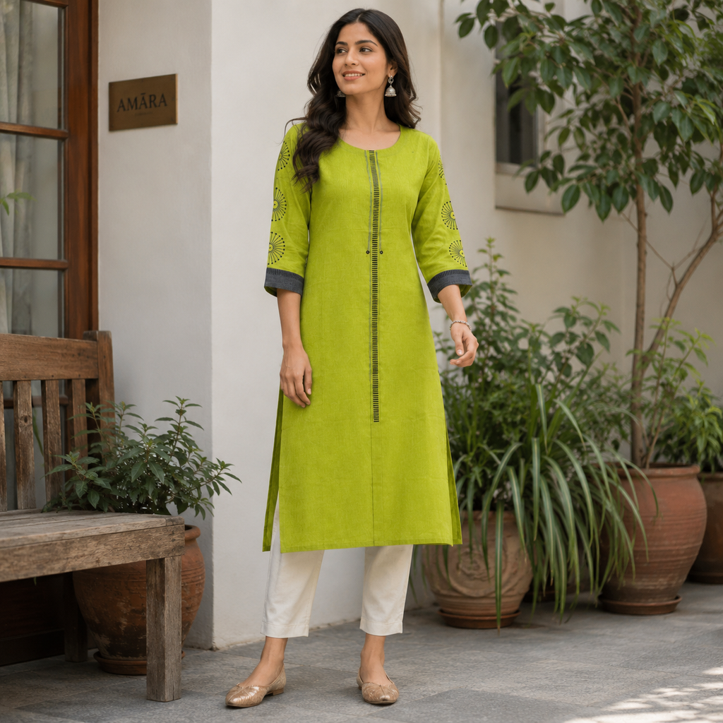 Anvita Lime Green Straight Kurta with Contrast Sleeves and Front Stripe Design