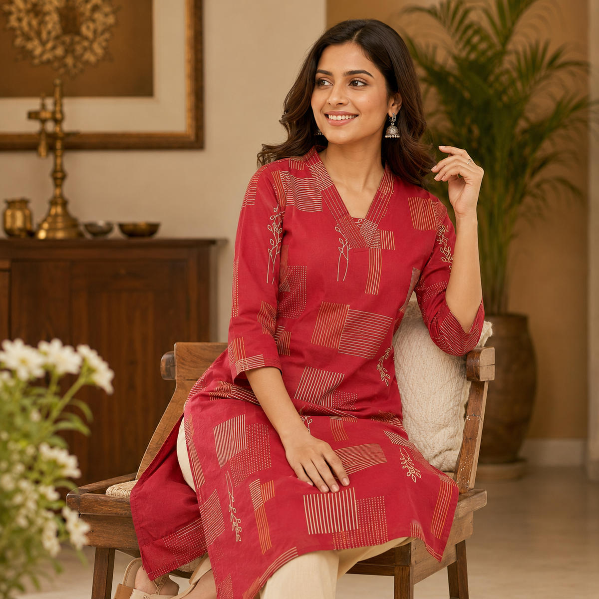 Revanta Ratip Red Cotton Geometric & Leaf Print Straight Kurta