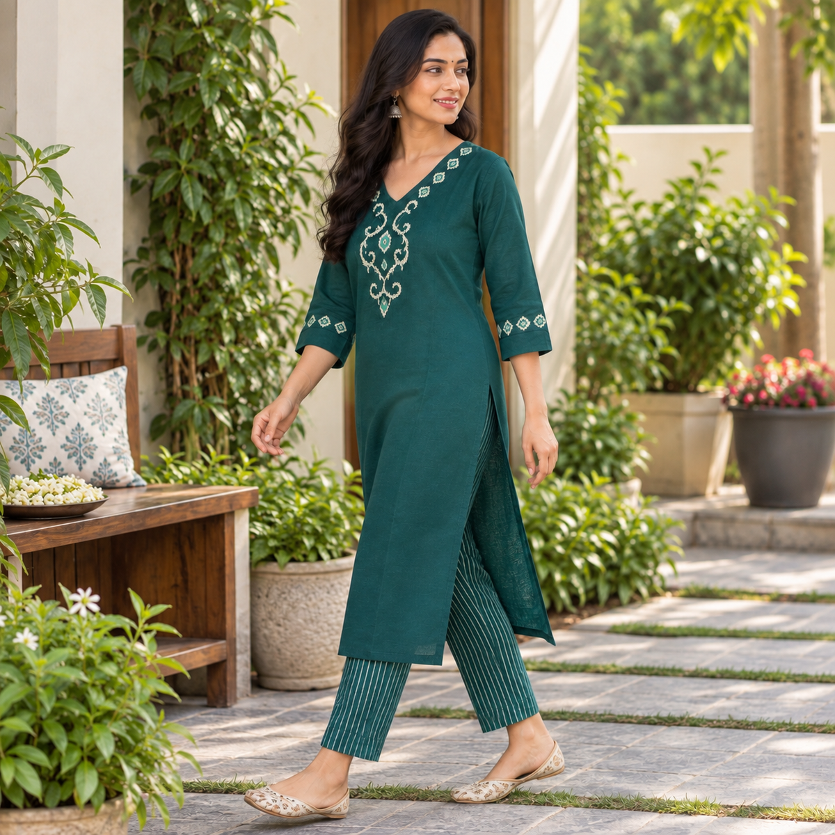 Anvita Forest Green Embroidered Cotton Kurta with Striped Pants | Ethnic Wear Set