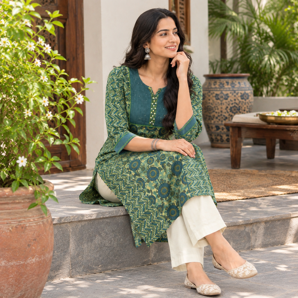 Anvita Green Cotton Printed Kurti | Elegant Ethnic Wear