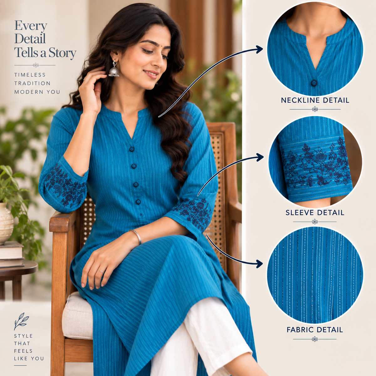 Anvita Teal Blue Striped Kurta with Embroidered Sleeves & Back Design