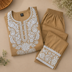 Revanta Premium Camel Brown Rayon Chikankari White Embroidered Kurta Pant Set