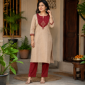 Anvita Beige Straight Cotton Kurta with Maroon Yoke Design & Glass Work