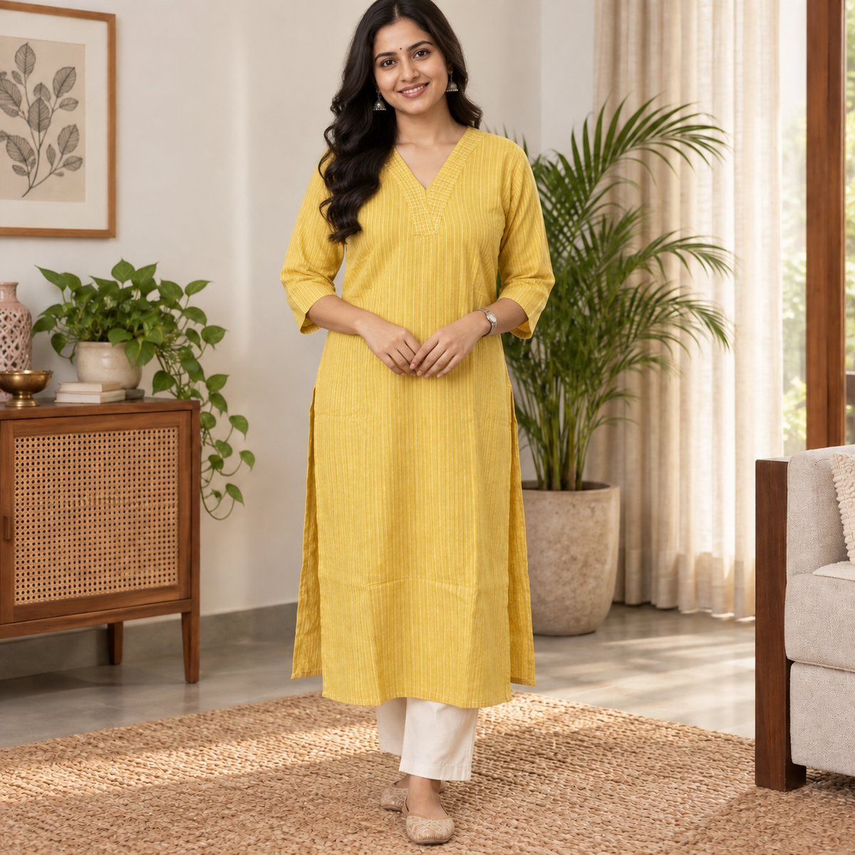 Revanta Mustard Yellow cotton Kurta with Stripe V Neck & lining