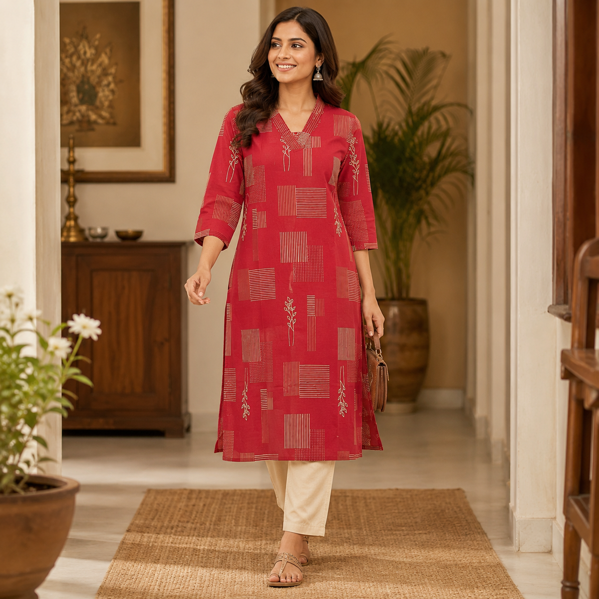 Revanta Ratip Red Cotton Geometric & Leaf Print Straight Kurta