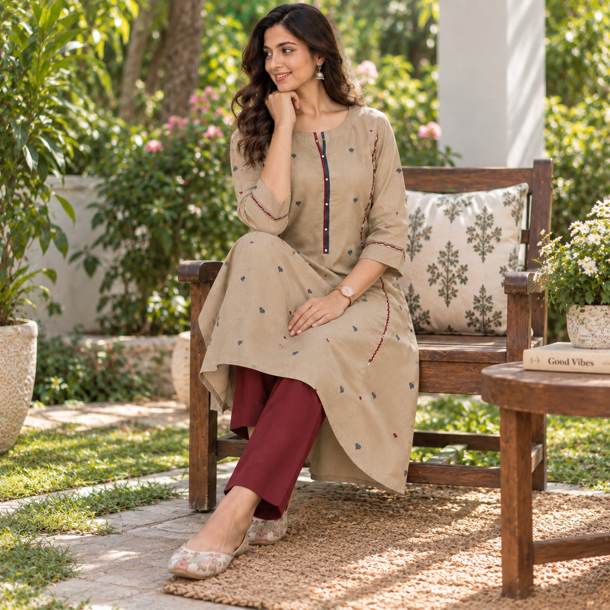 Anvita Beige Printed Cotton Kurta for Women | 3/4 Sleeve Ethnic Kurti