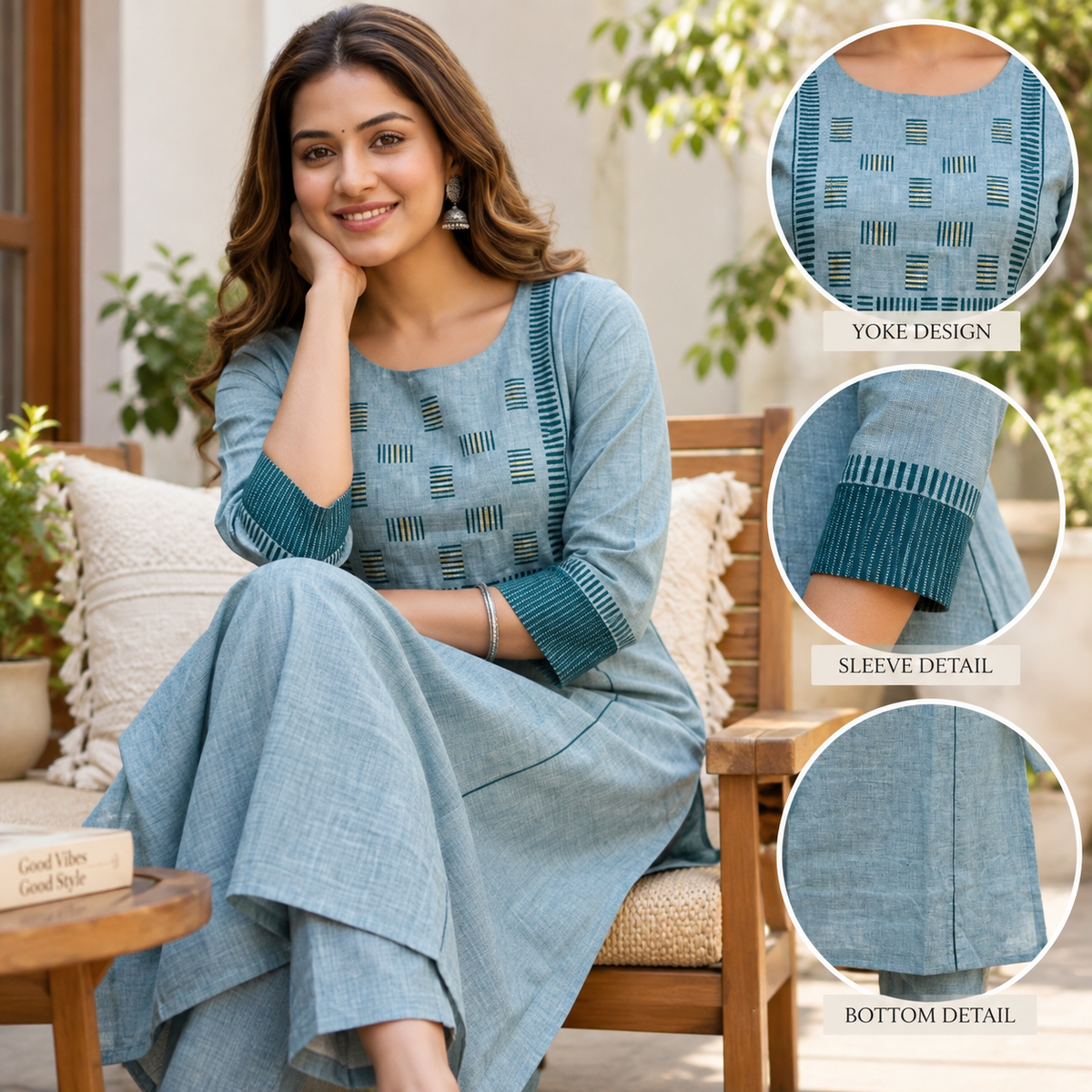 Anvita Light Blue Cotton Kurta Set with Printed Yoke & Palazzo | Women’s Ethnic Wear