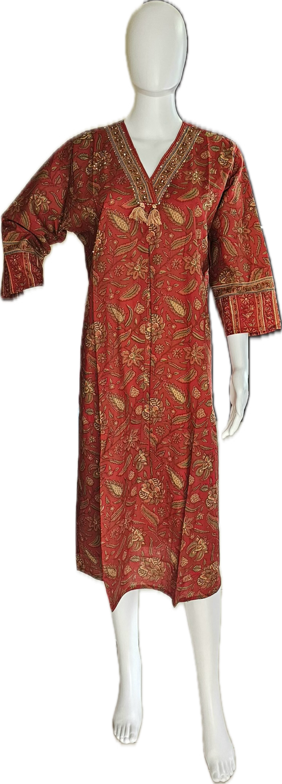Revanta Rust Ethnic Floral Printed Kurta with Tassel Neckline