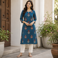 Anvita Teal Blue Cotton Kurta Featuring All-Over Floral Motifs