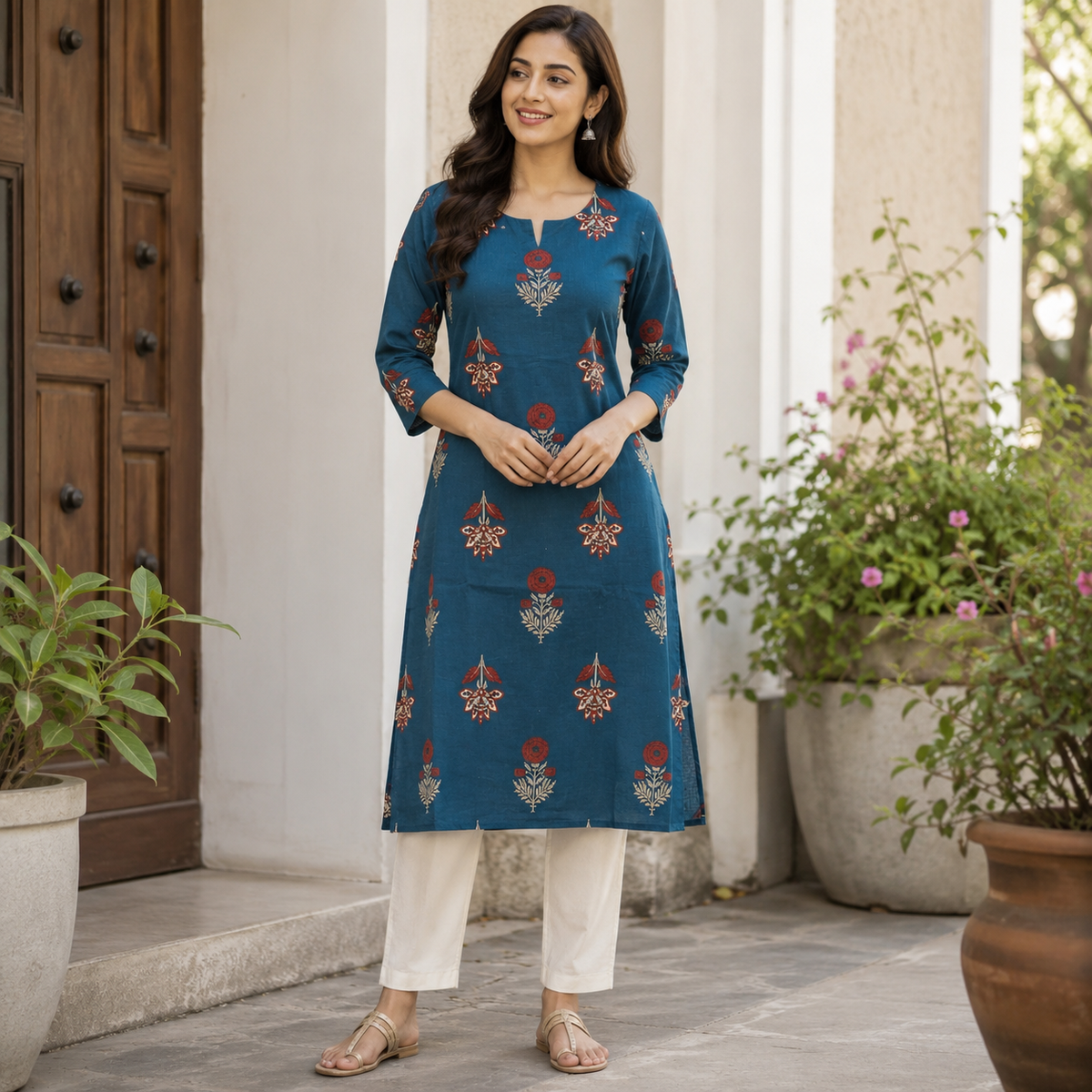 Anvita Teal Blue Cotton Kurta Featuring All-Over Floral Motifs