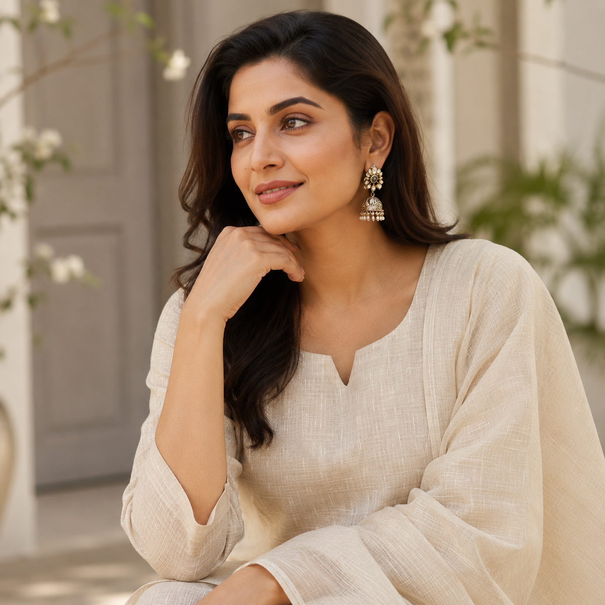Revanta Ivory Textured Kurta Pant Set with Motif Dupatta- Silk Blend