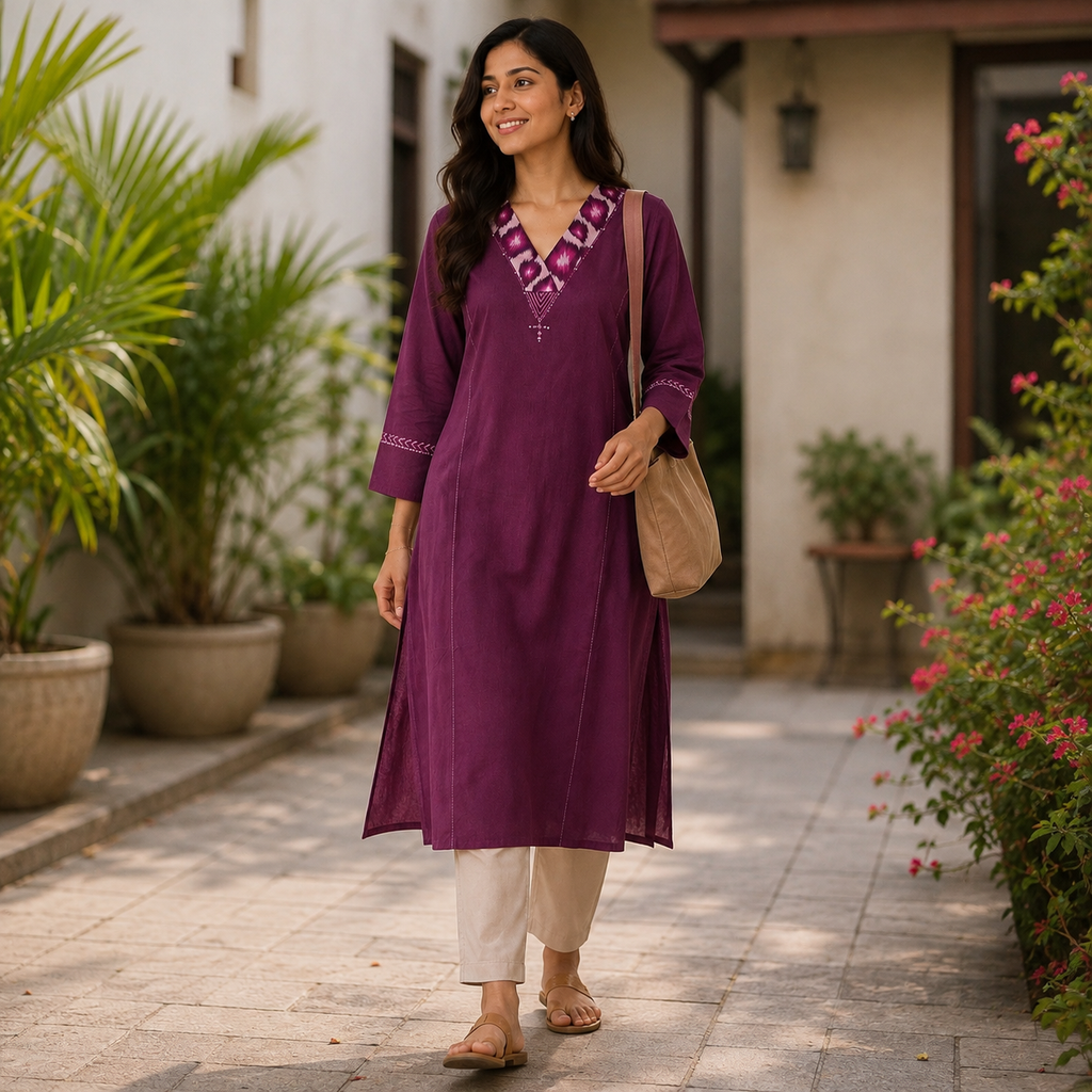 Anvita Plum Embroidered Straight Cotton V Neck Kurta