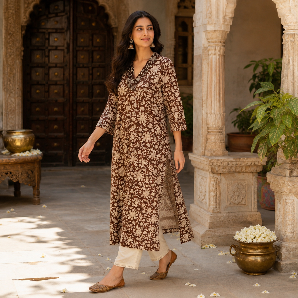 Anvita Chocolate Brown Floral Print A-Line Cotton Kurta