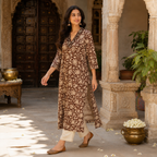 Anvita Chocolate Brown Floral Print A-Line Cotton Kurta