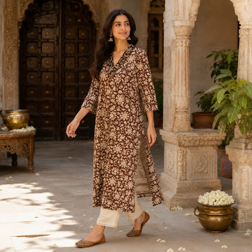 Anvita Chocolate Brown Floral Print A-Line Cotton Kurta