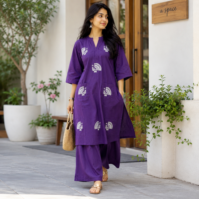 Deep Purple Cotton Kurta & Palazzo Set – Artistic Peacock Motif Detail – Elegant Ethnic Ensemble