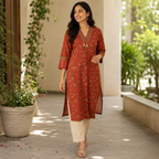 Revanta Rust Ethnic Floral Printed Kurta with Tassel Neckline