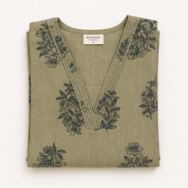 Revanta Light Olive Green Cotton Kurti -VNeck & traditional Motiffs