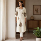 Revanta OffWhite Roman Silk Coord Set - Brown Embroidery on Neck, Body and Sleeves Along with Sequence, Straight Pants