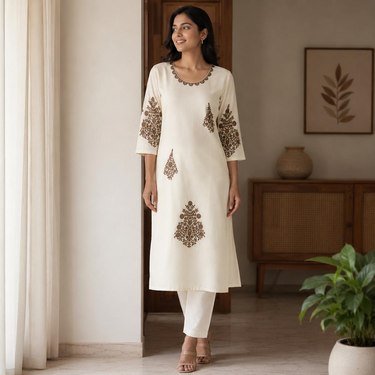 Revanta OffWhite Roman Silk Coord Set - Brown Embroidery on Neck, Body and Sleeves Along with Sequence, Straight Pants