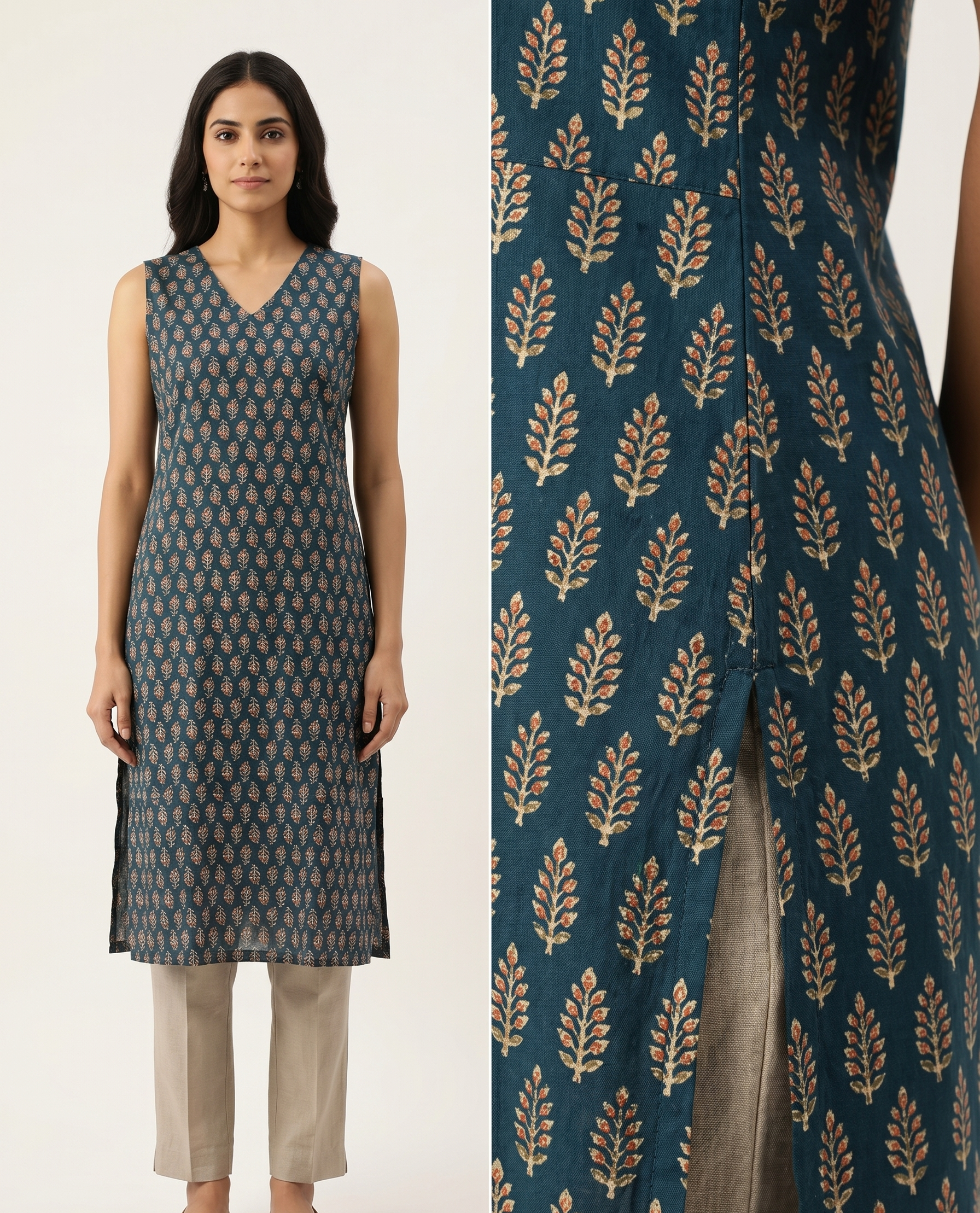 Women’s Premium Cotton Straight Kurti with Leaf Butti Print – Dark Teal Green