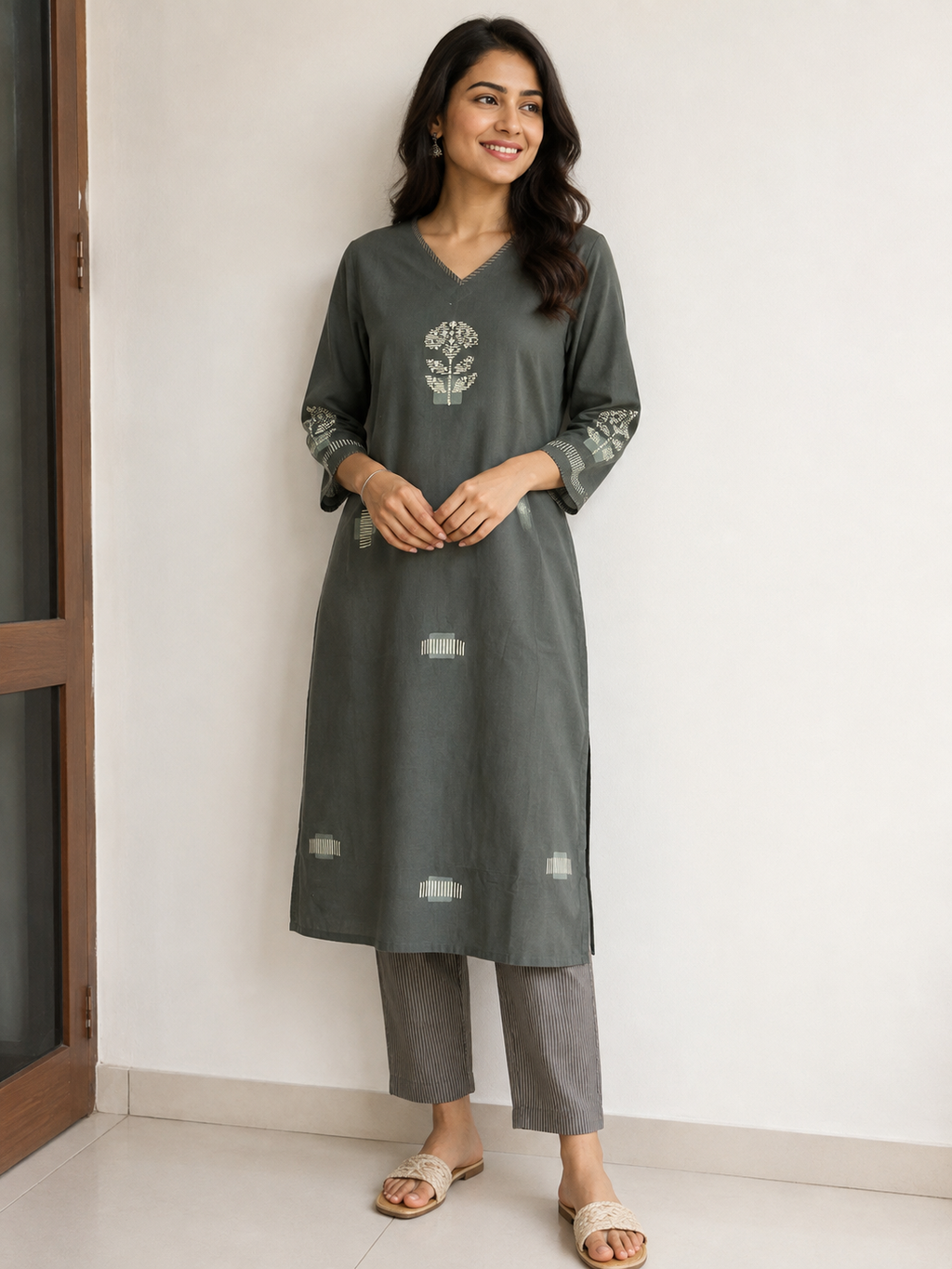Anvita Charcoal Olive Motif Kurta with Striped Pant Set