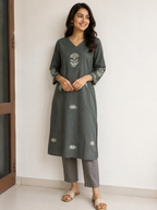 Anvita Charcoal Olive Motif Kurta with Striped Pant Set