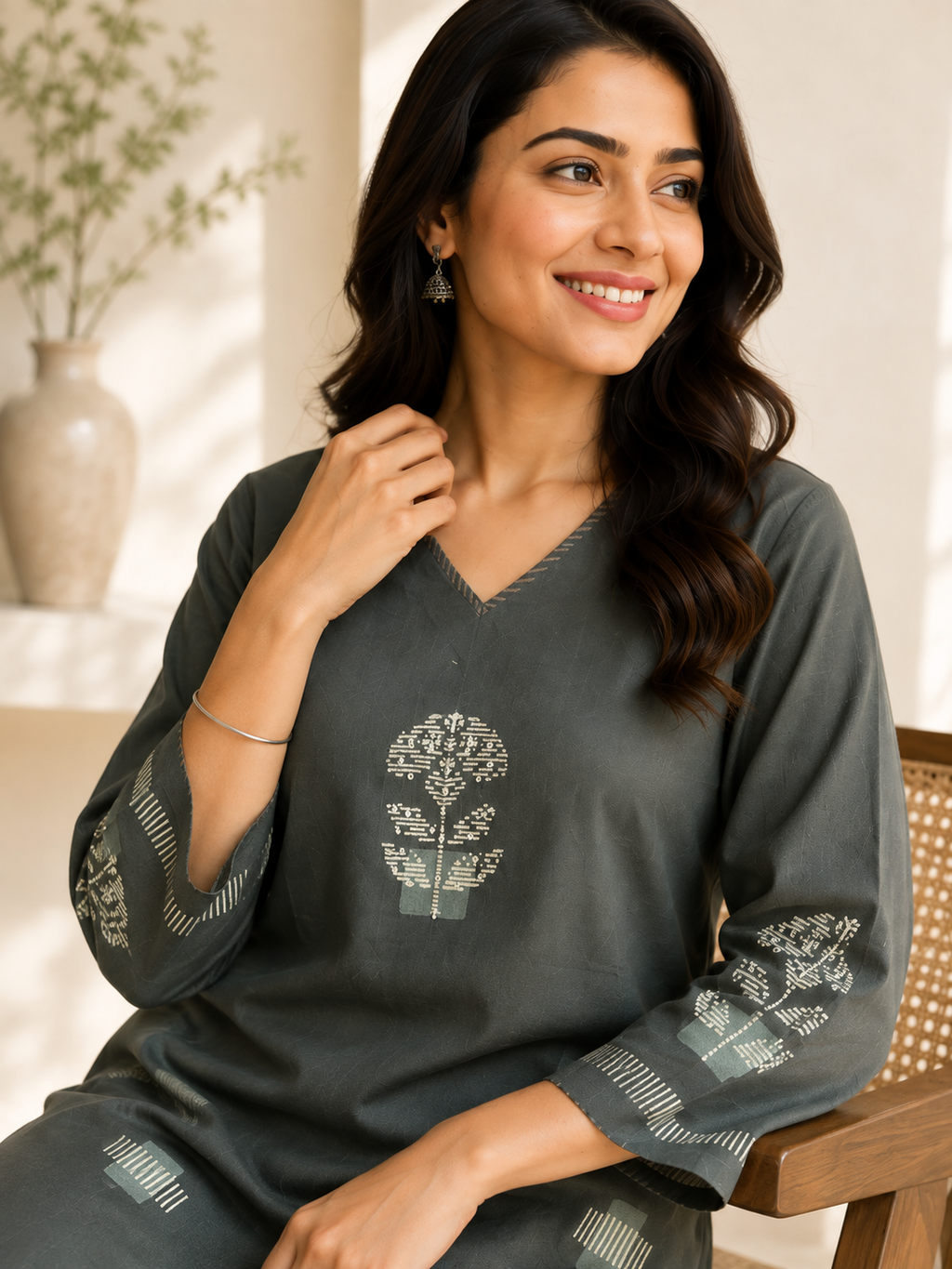Anvita Charcoal Olive Motif Kurta with Striped Pant Set