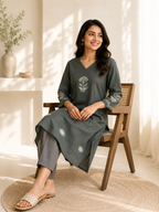 Anvita Charcoal Olive Motif Kurta with Striped Pant Set