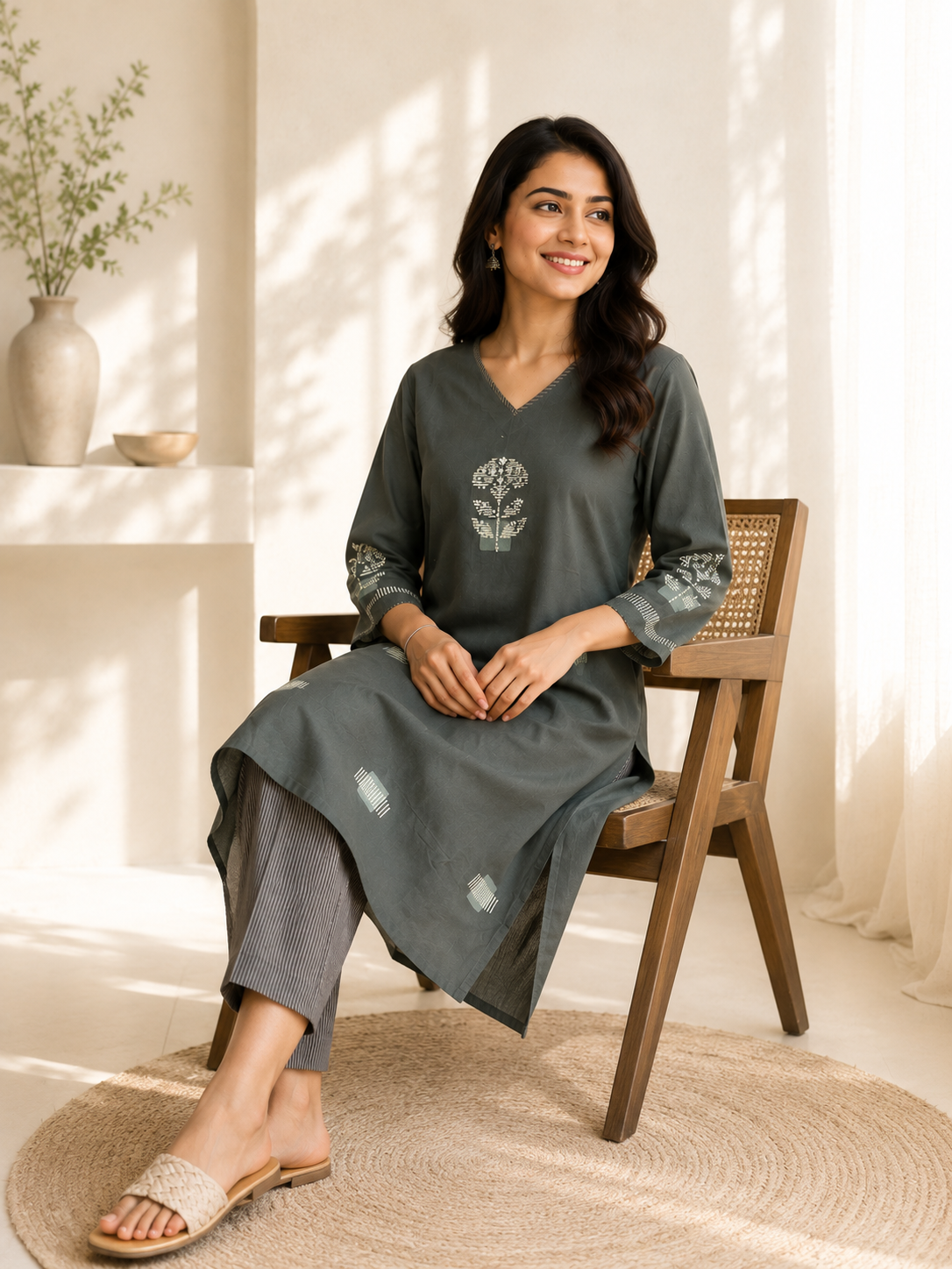 Anvita Charcoal Olive Motif Kurta with Striped Pant Set