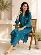 Anvita Teal Blue Embroidered Kurta & Pant Set