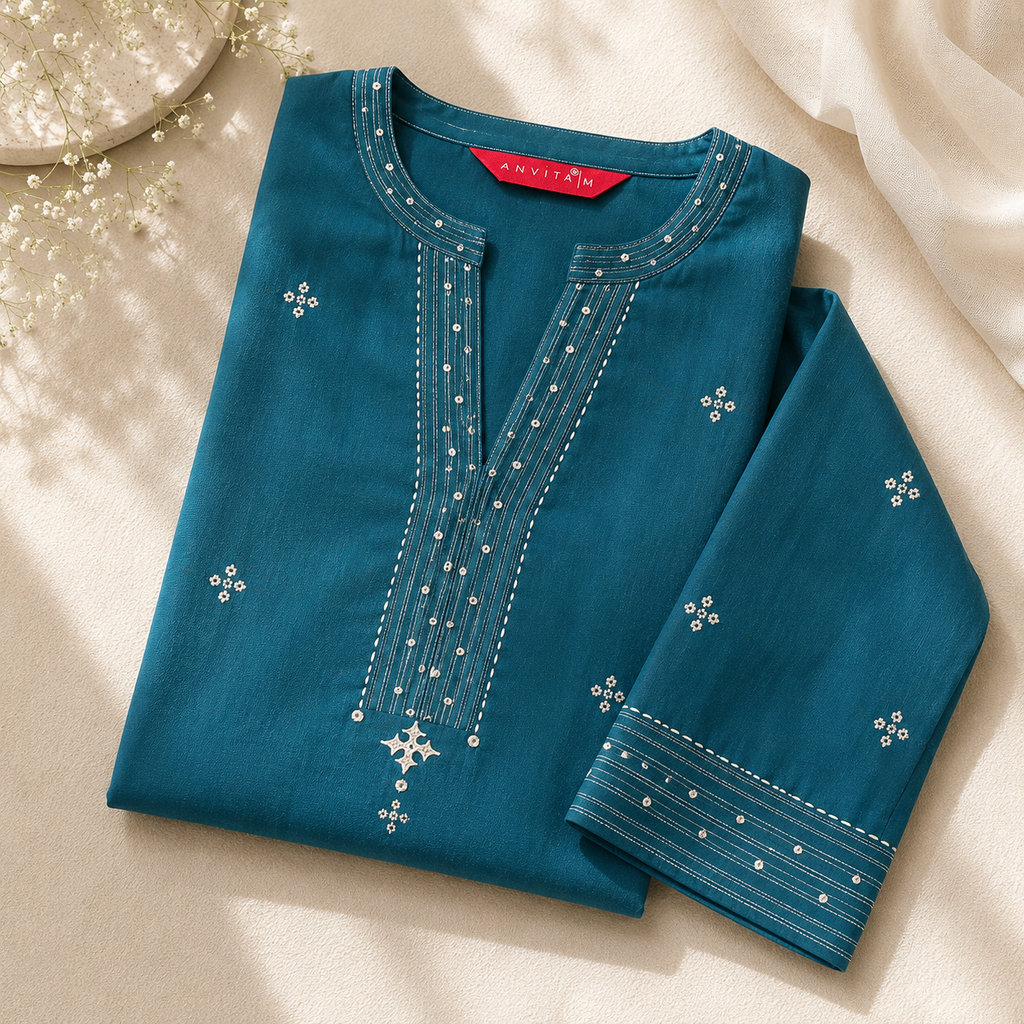 Anvita Teal Blue Embroidered Kurta & Pant Set