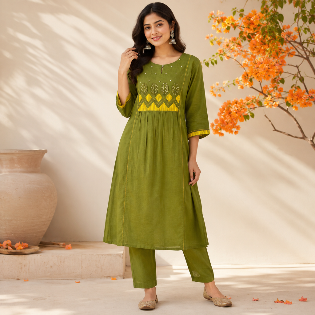 Anvita Olive Green Embroidered Yoke Co-ord Set with Mustard Yoke Design & Mirror Work