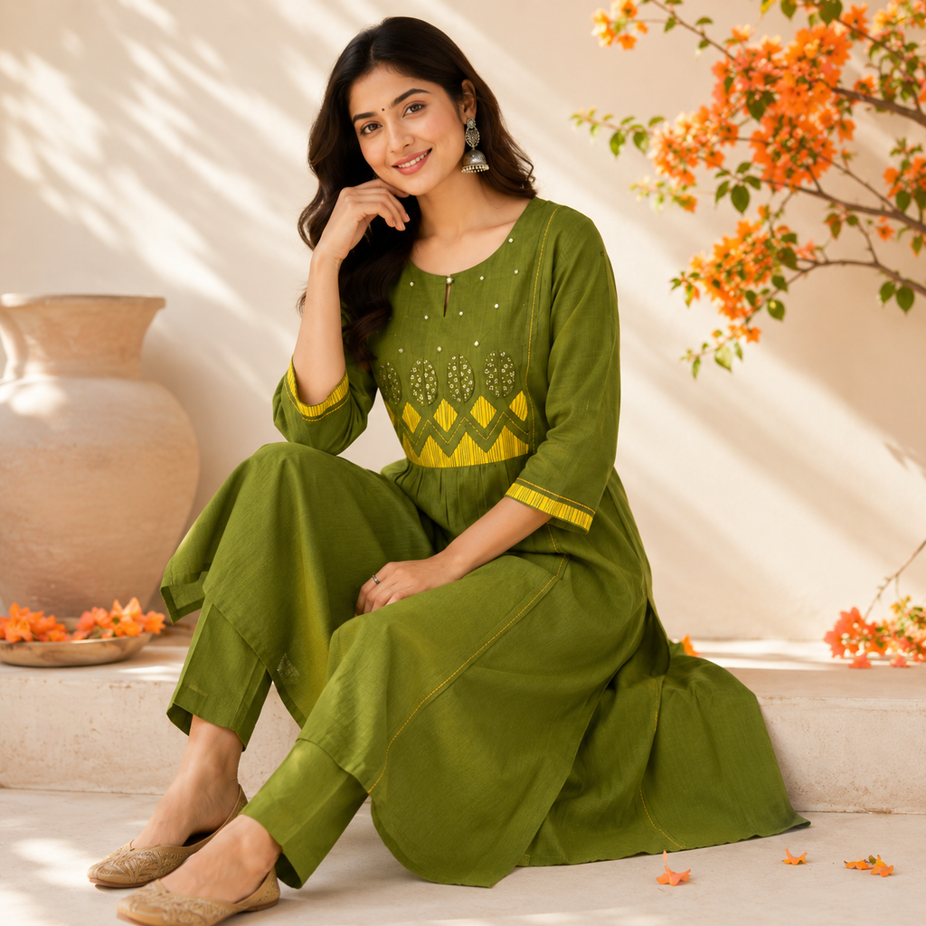 Anvita Olive Green Embroidered Yoke Co-ord Set with Mustard Yoke Design & Mirror Work