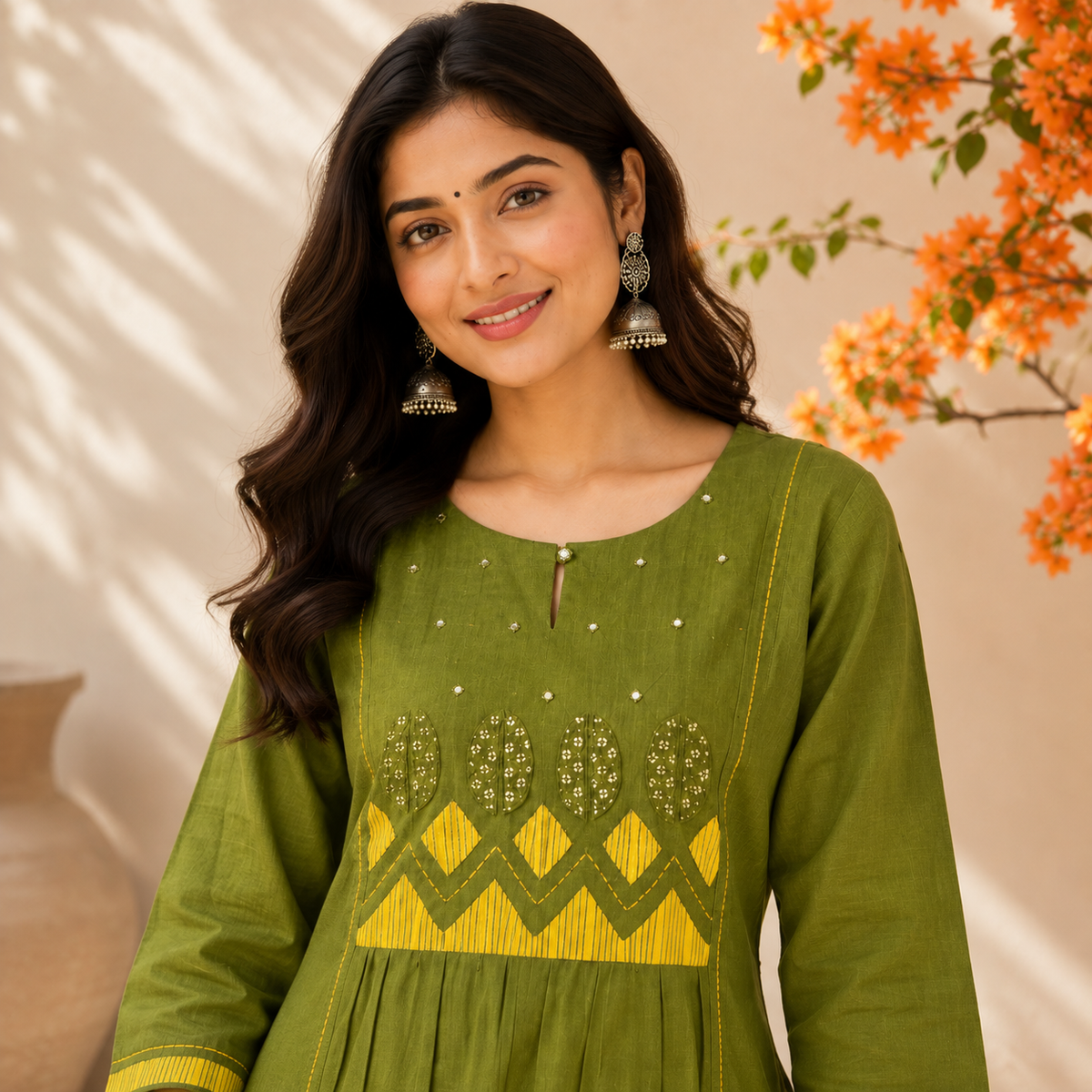 Anvita Olive Green Embroidered Yoke Co-ord Set with Mustard Yoke Design & Mirror Work