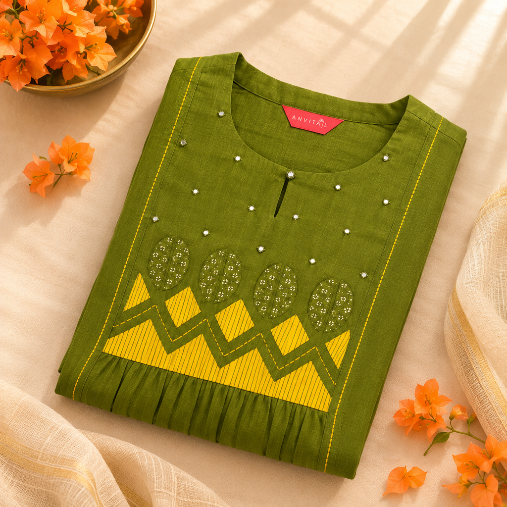 Anvita Olive Green Embroidered Yoke Co-ord Set with Mustard Yoke Design & Mirror Work