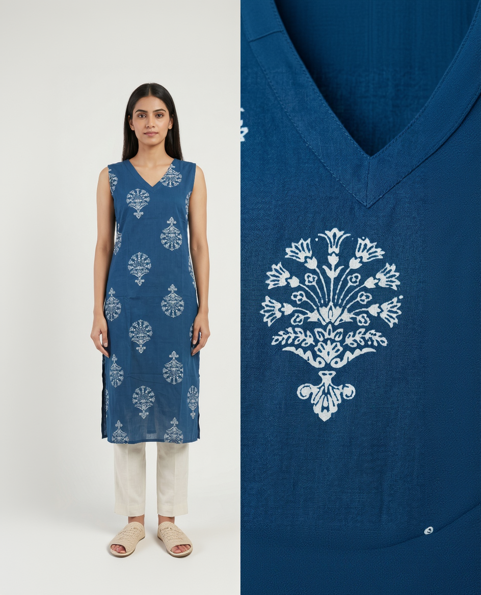 Women’s Premium Cotton Straight Kurti with Butti Print & Separate Sleeves – Teal Blue