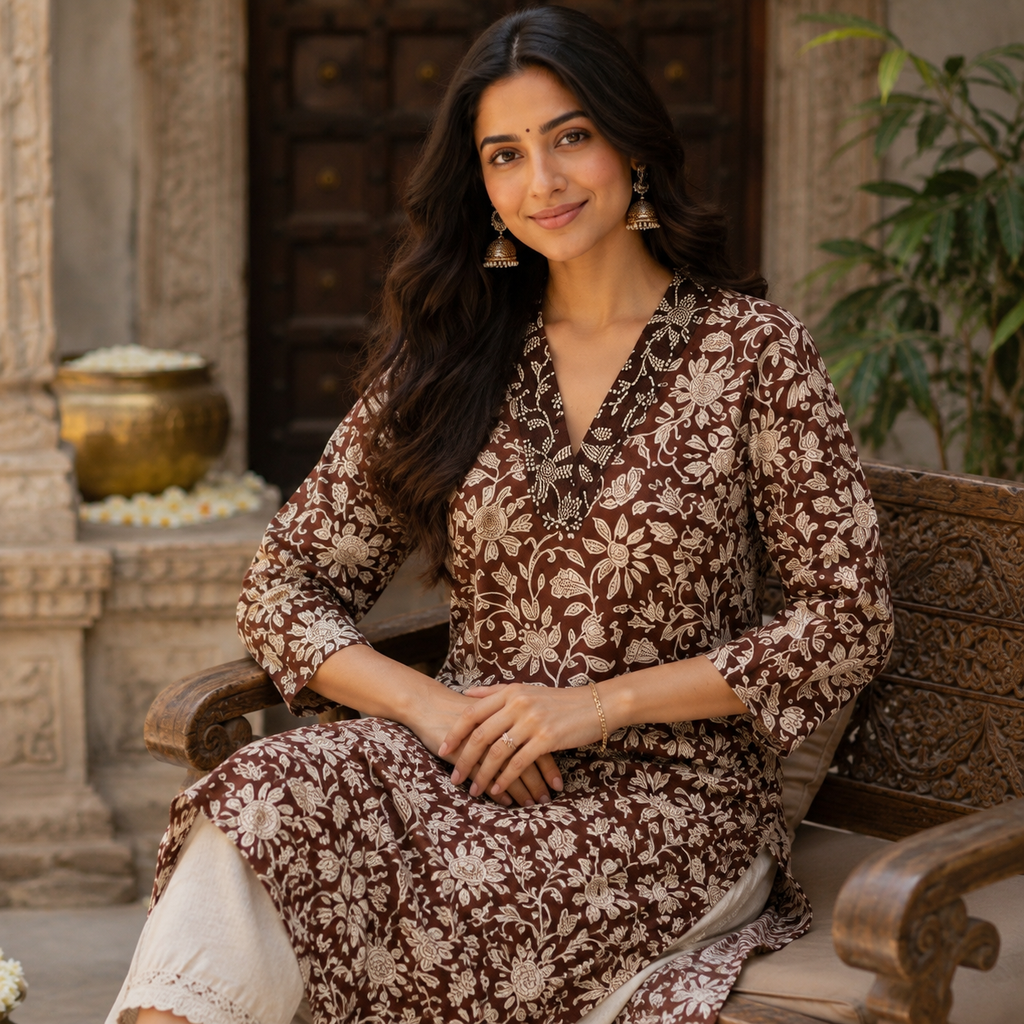 Anvita Chocolate Brown Floral Print A-Line Cotton Kurta