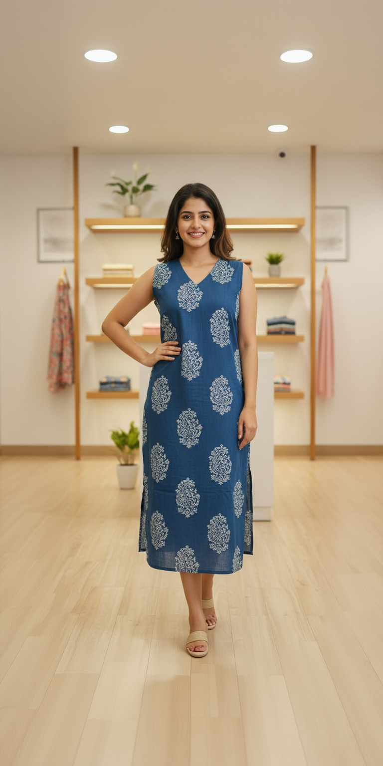 Women’s Premium Cotton Straight Kurti with Butti Print & Separate Sleeves – Teal Blue