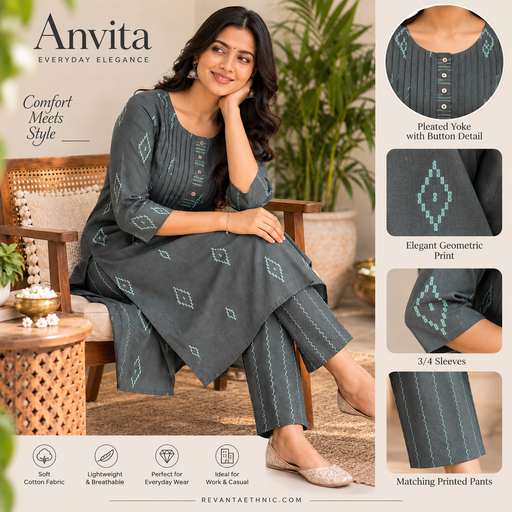 Anvita Women’s Charcoal Grey Cotton Kurta with Geometric Print & Pleated Button Yoke
