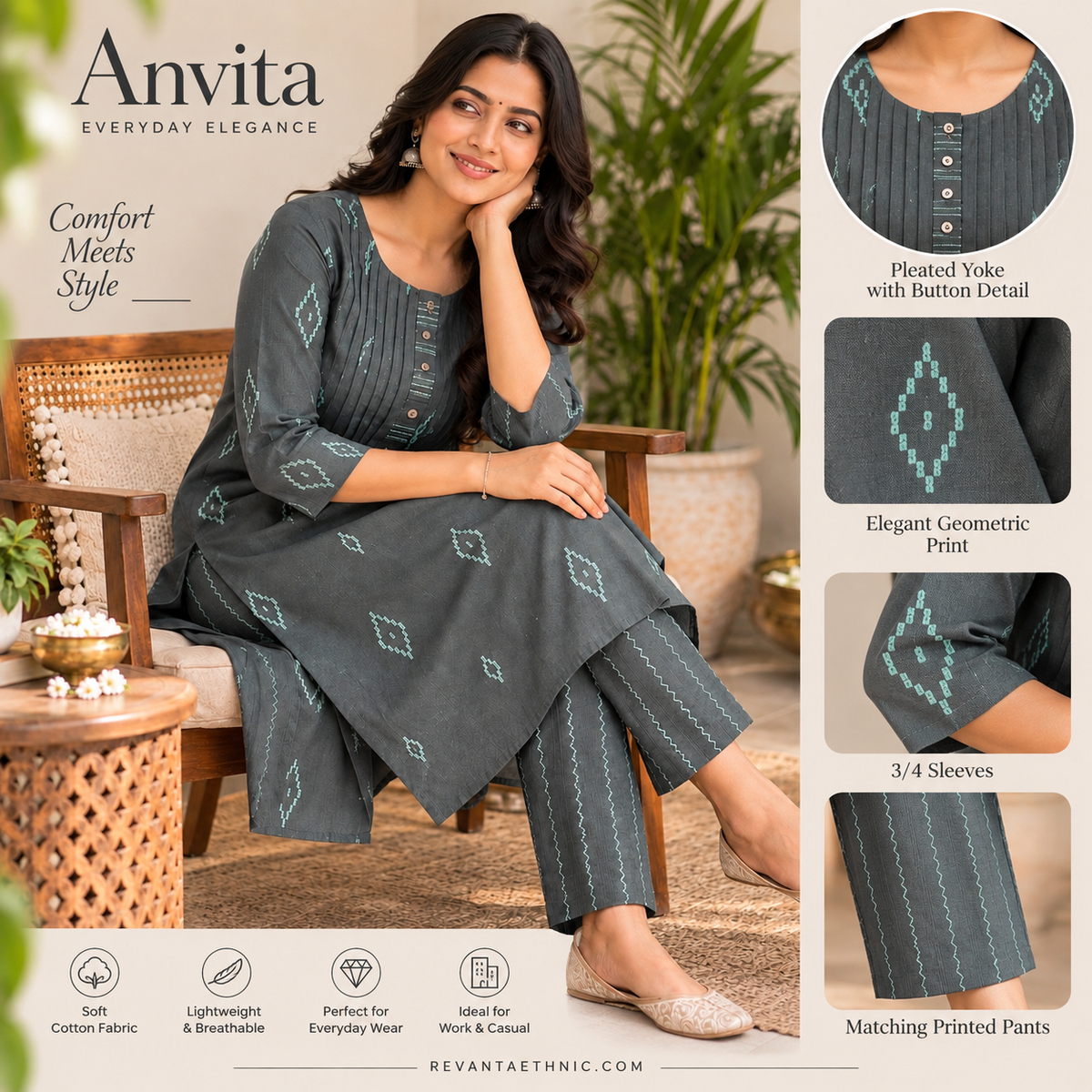 Anvita Women’s Charcoal Grey Cotton Kurta with Geometric Print & Pleated Button Yoke