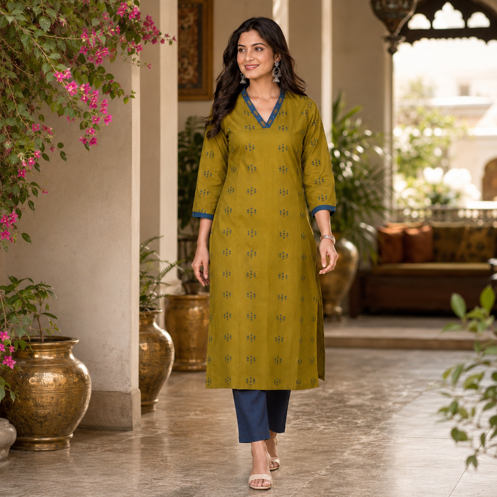 Anvita Olive Mustard Cotton Printed V-Neck Kurta