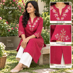 Anvita Maroon Cotton Kurta  | Floral Embroidery & Glass Work Sleeves