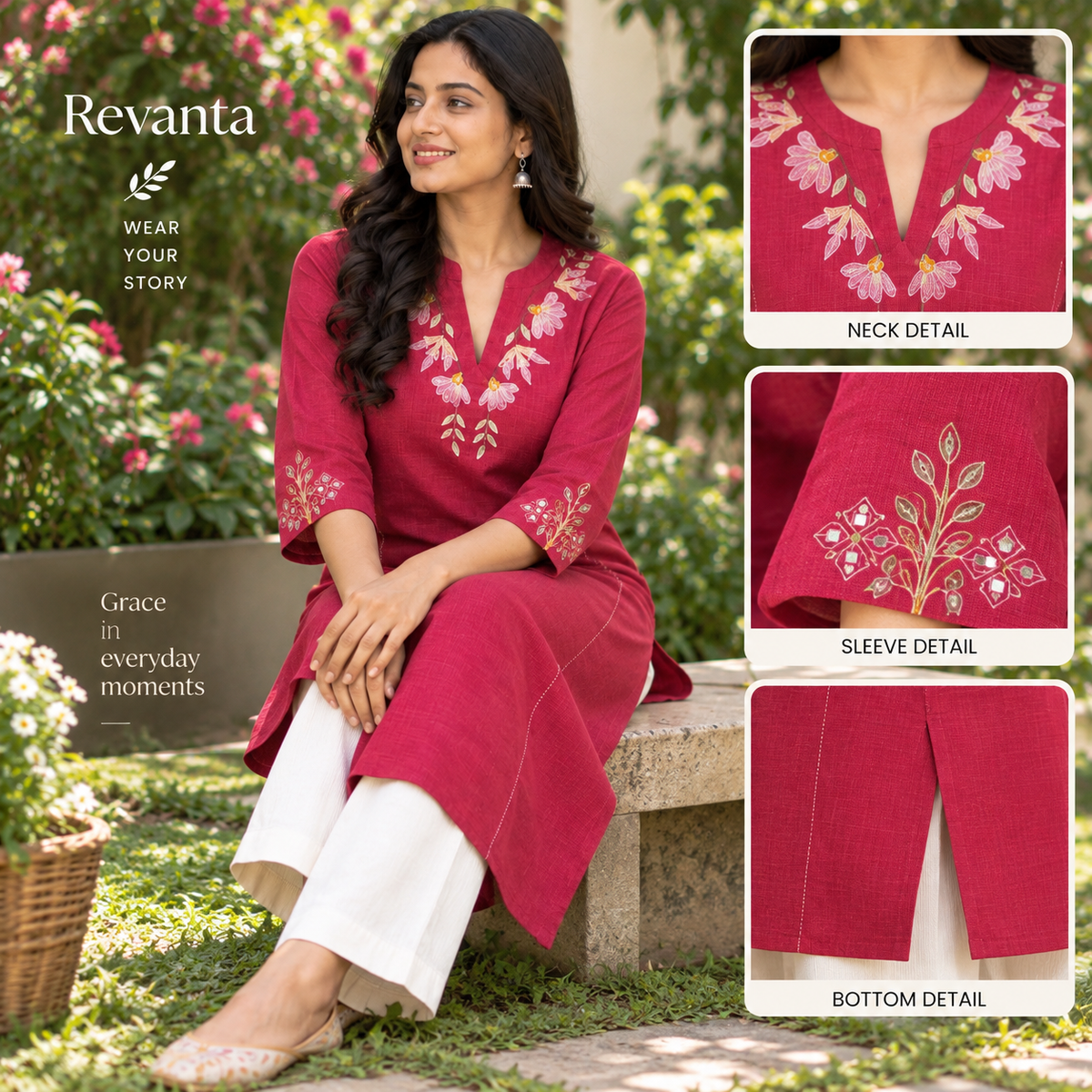 Anvita Maroon Cotton Kurta  | Floral Embroidery & Glass Work Sleeves