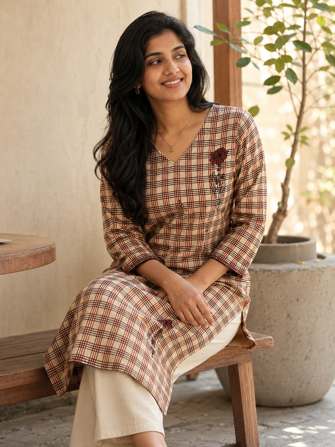 Anvita Cream & Maroon Checked Cotton Straight Kurta with Floral Print