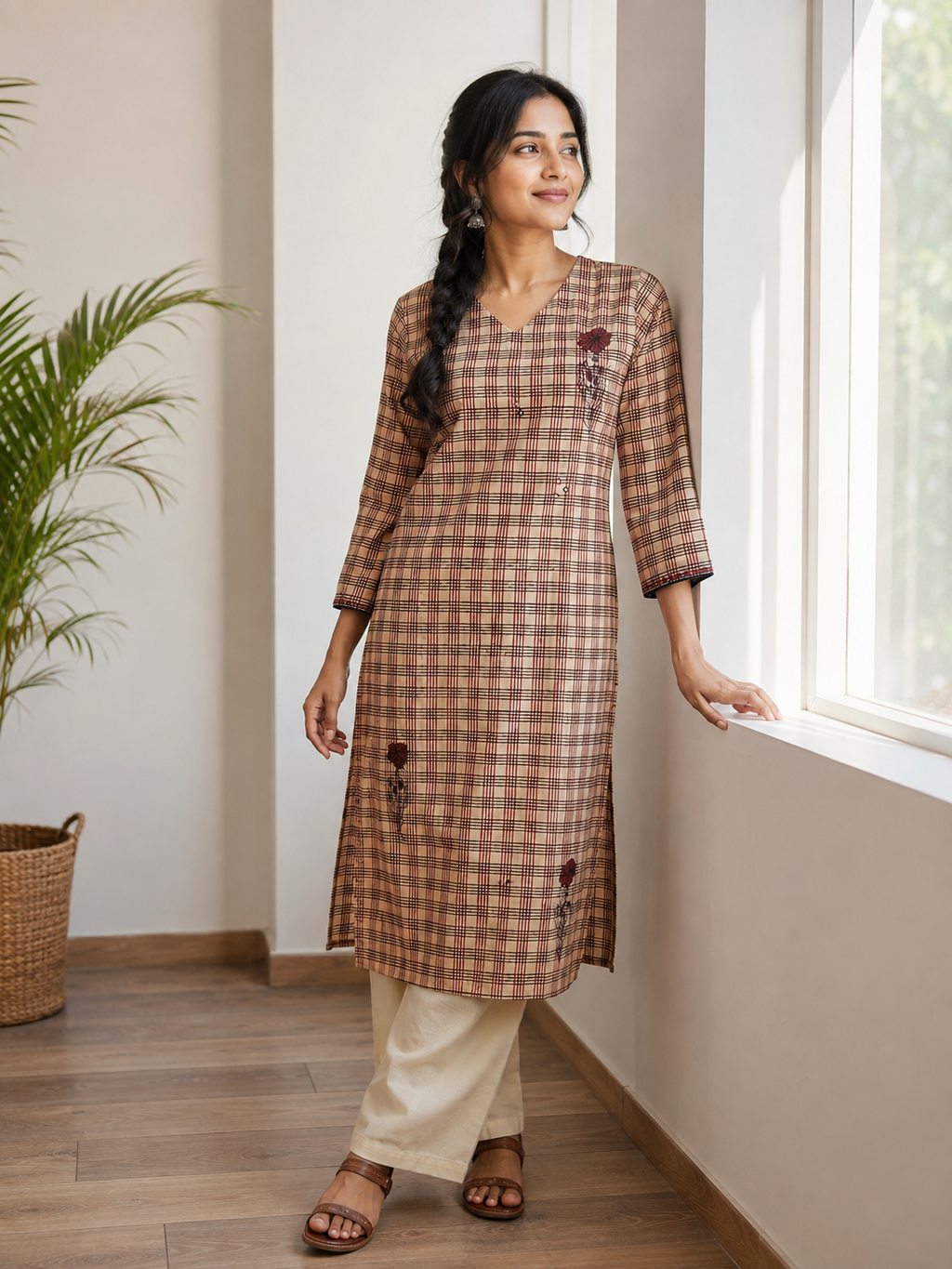 Anvita Cream & Maroon Checked Cotton Straight Kurta with Floral Print